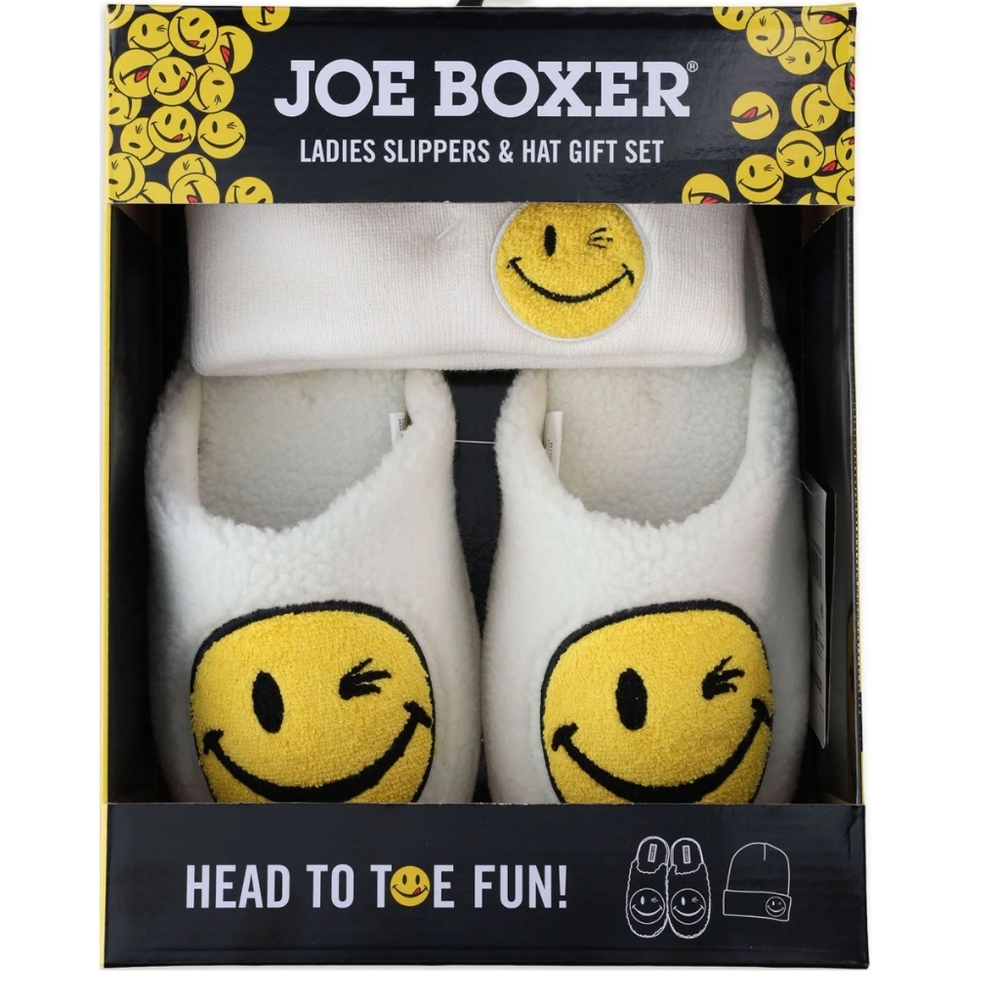 Joe Boxer Women's Smiley Face Slipper & Hat Gift Set